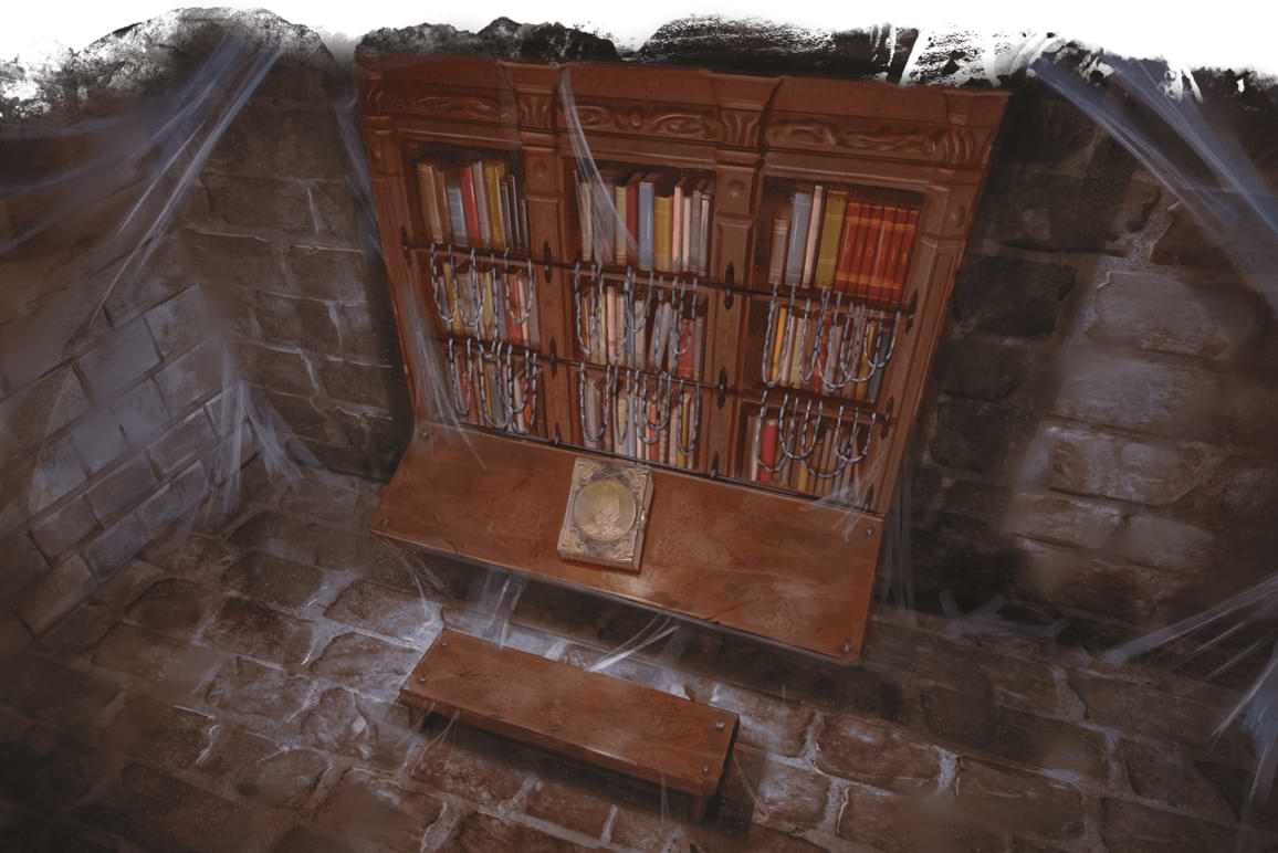 Bookcase surrounded by webs