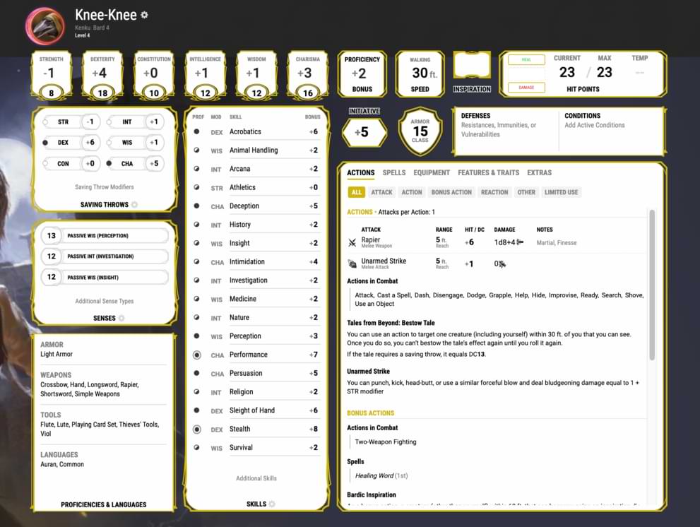 sample character sheet