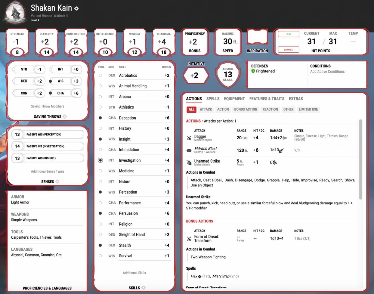 undead warlock character sheet