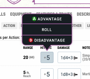 Pop-up menu for Advantage and Disadvantage