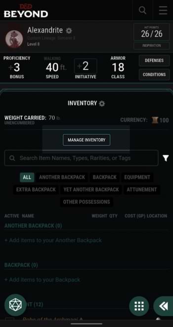 D&D inventory management on mobile