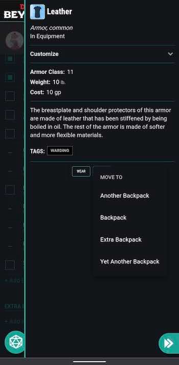 equipping and moving items in containers