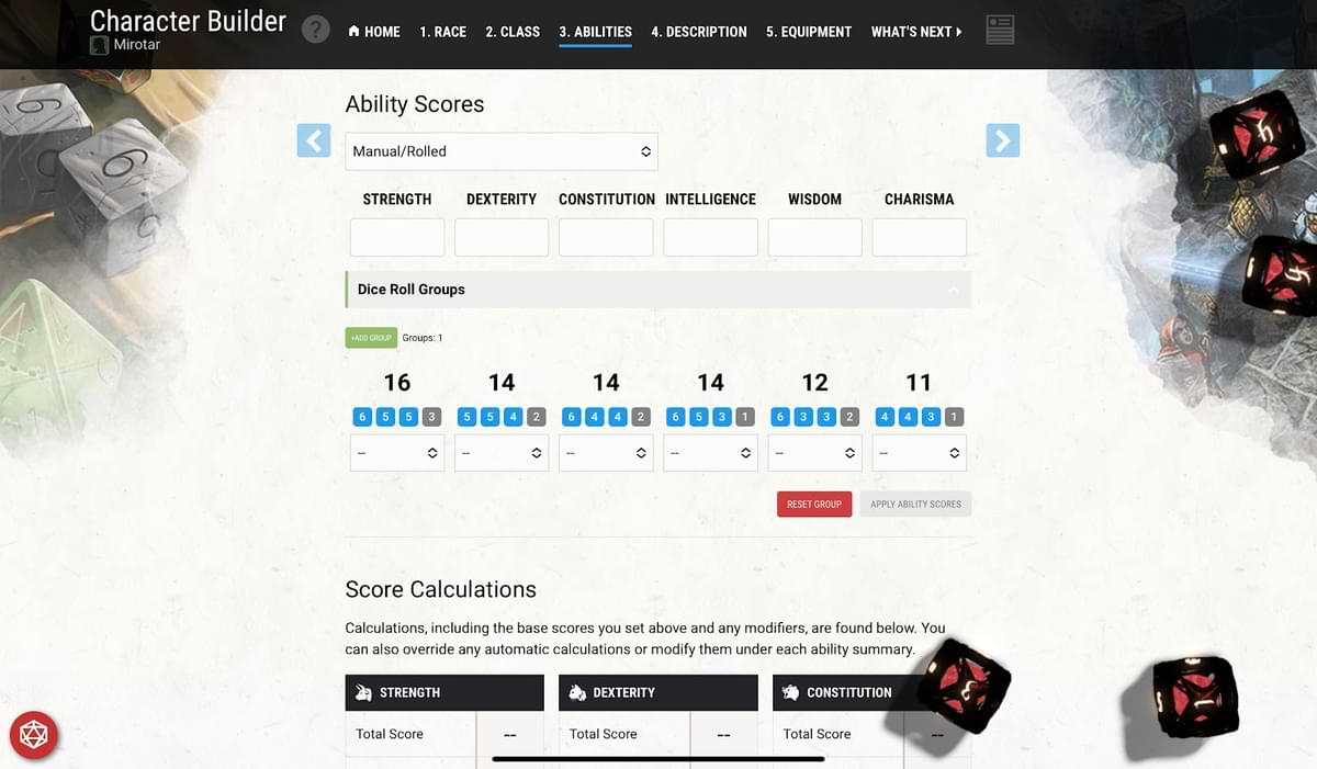 Standard character builder - Rolling ability scores