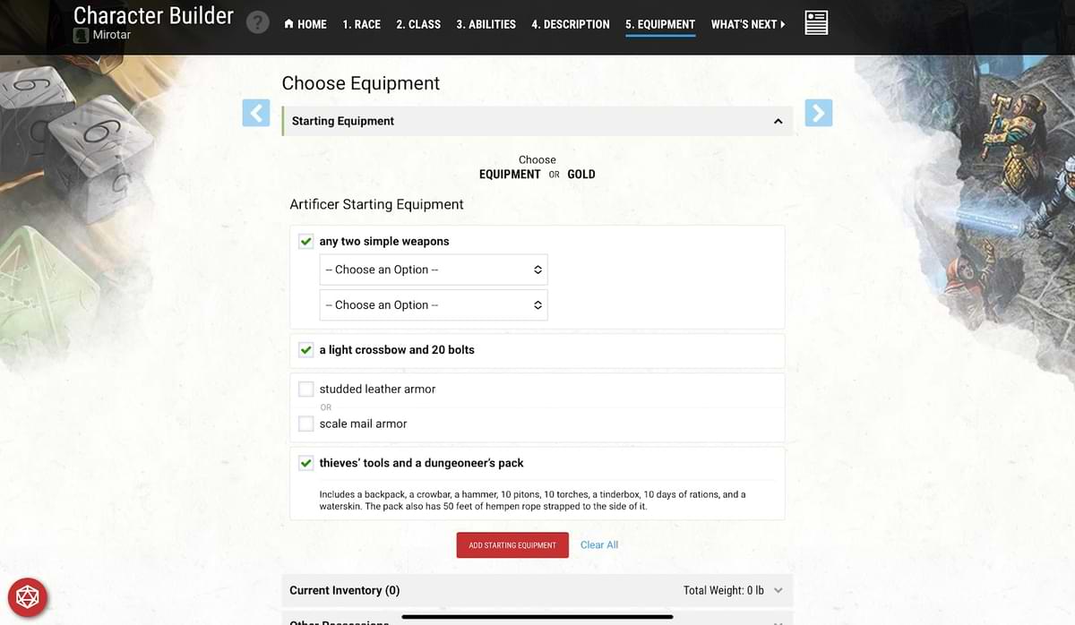 Standard character builder - Choose equipment