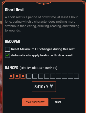 Short Rest Details Pane with Hit Dice