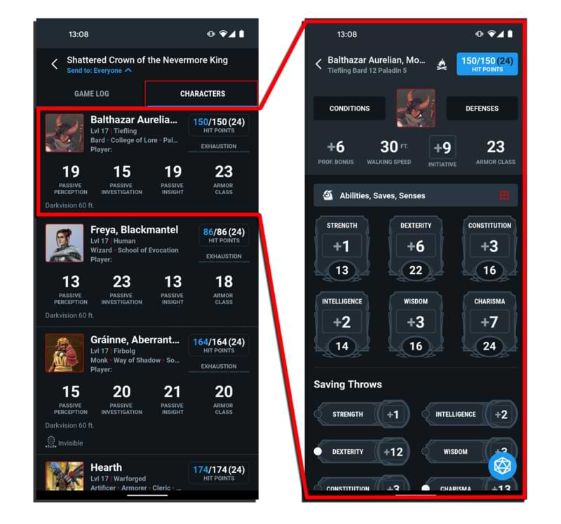 D&D Beyond App campaign update My Characters tab