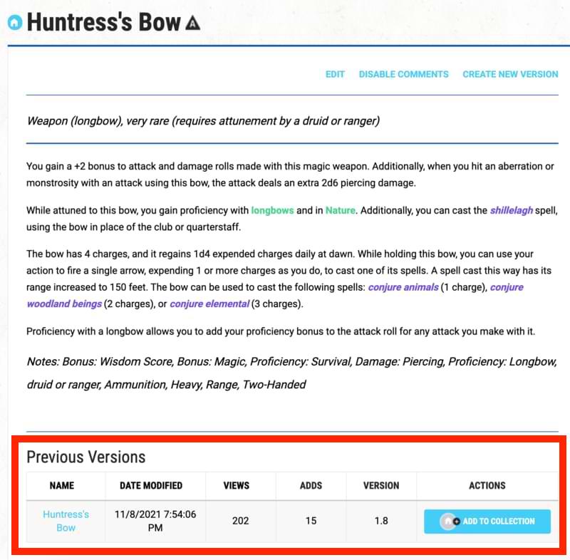 Huntress's bow versions