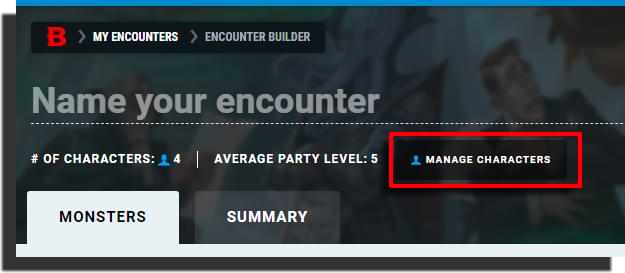 Manage characters option in Encounters