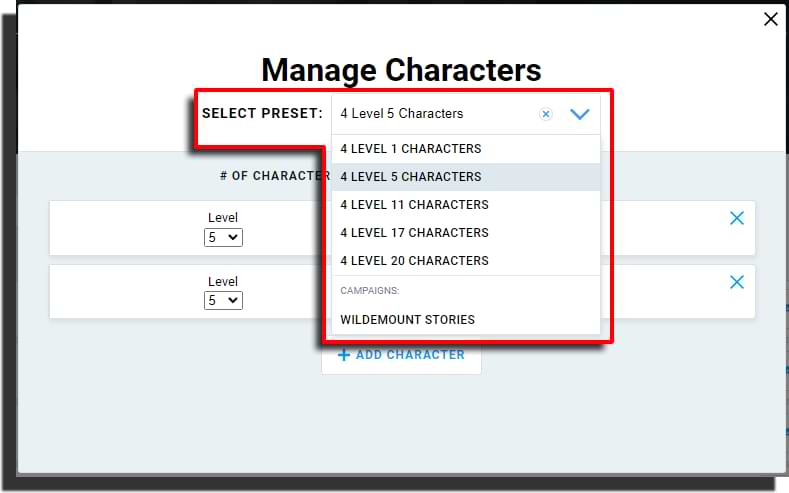 Preset characters in Encounters