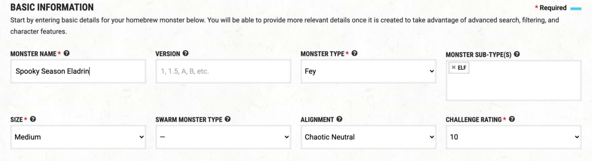 Filling in homebrew monster information