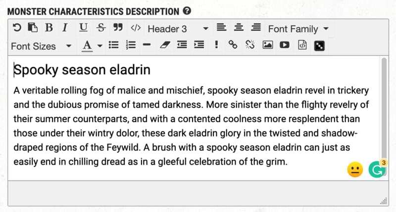 Monster characteristics description field