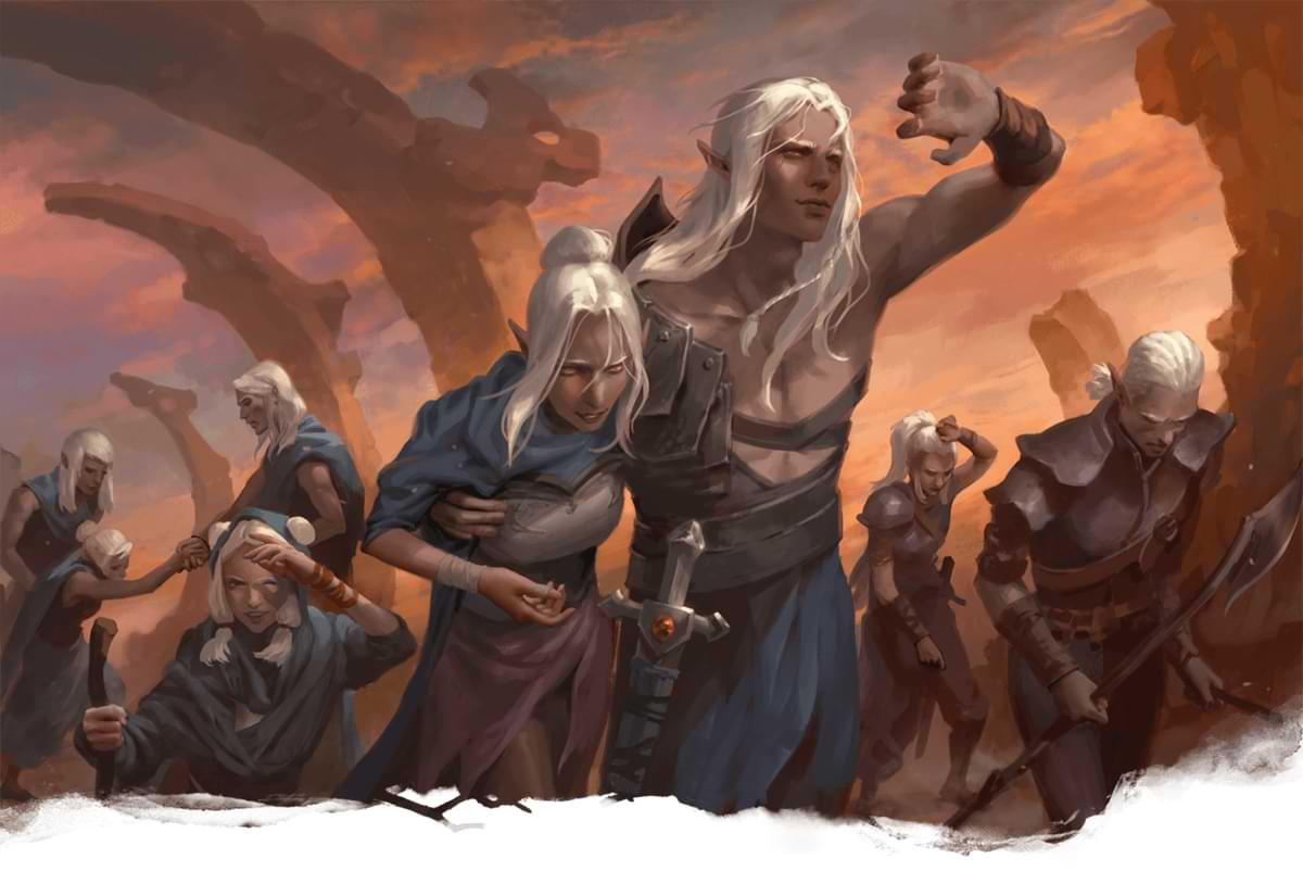 Drow elves looking up at the sun while walking through a desert