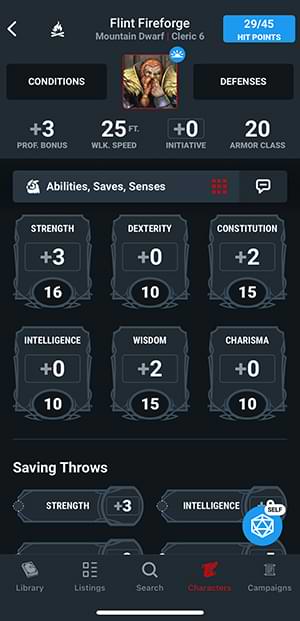 Digital character sheet in the D&D Beyond App