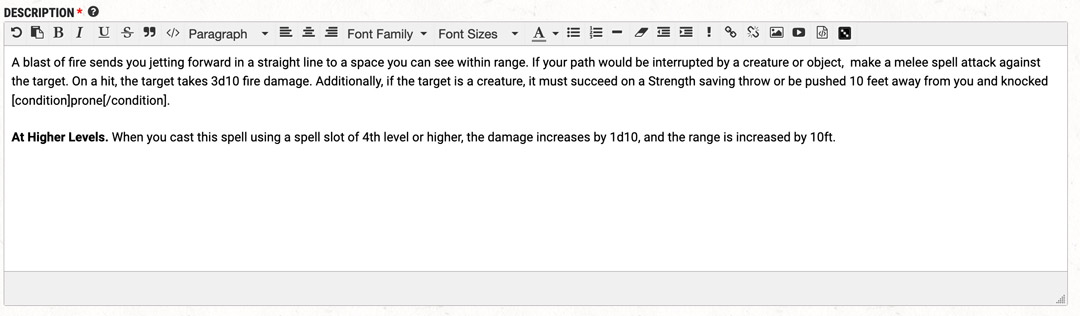 Homebrew spell description