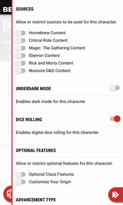 character sheet preferences