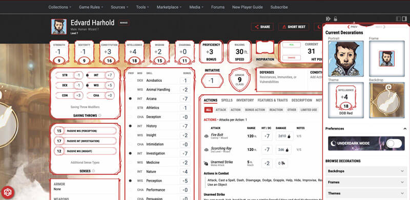 character sheet on desktop