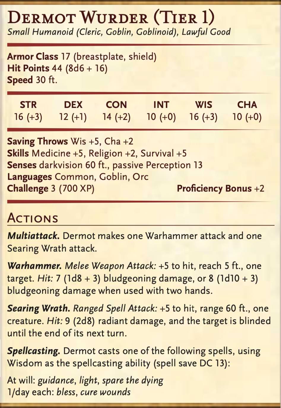 Dermot Wurder tier 1 stat block