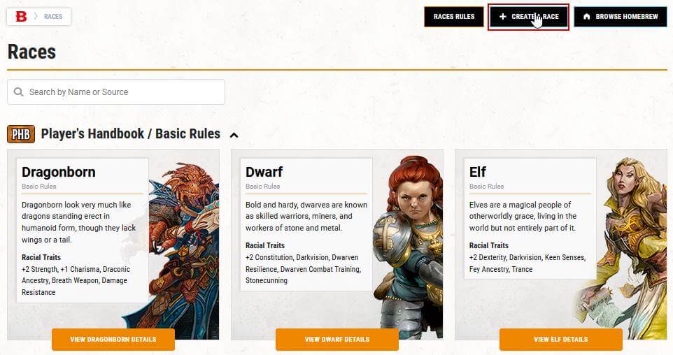 Create a homebrew race from the Races page
