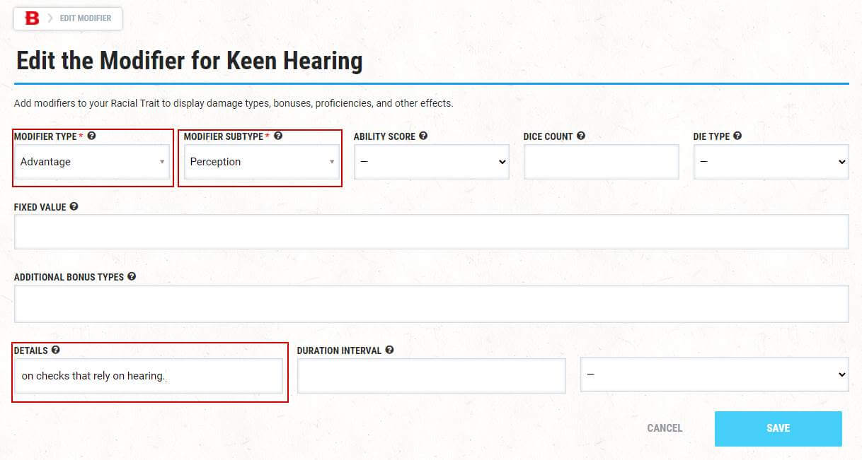 Setting the modifiers for batfolk's Keen Hearing trait