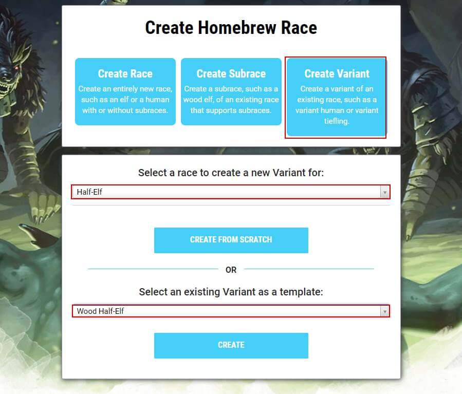 Create a variant race on D&D Beyond's homebrew race creator tool