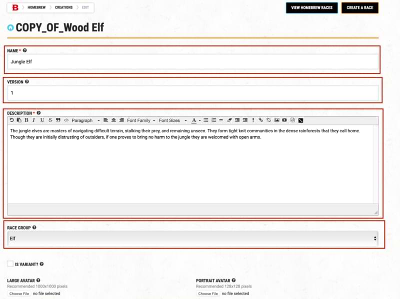 Jungle elf information in homebrew race creator tool