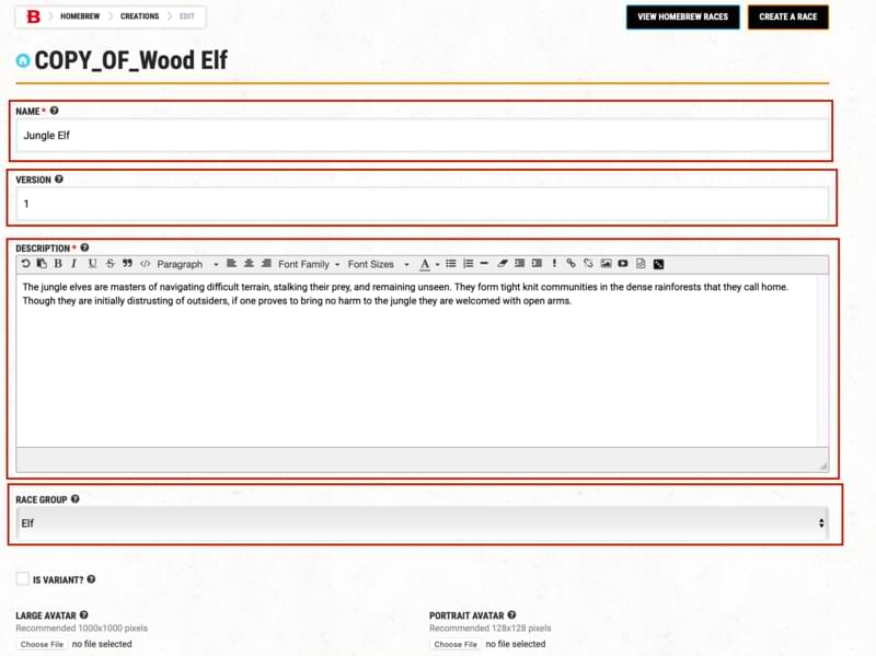 Jungle elf information in homebrew race creator tool