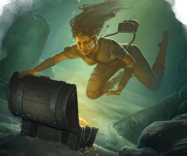 Human woman opening treasure chest underwater