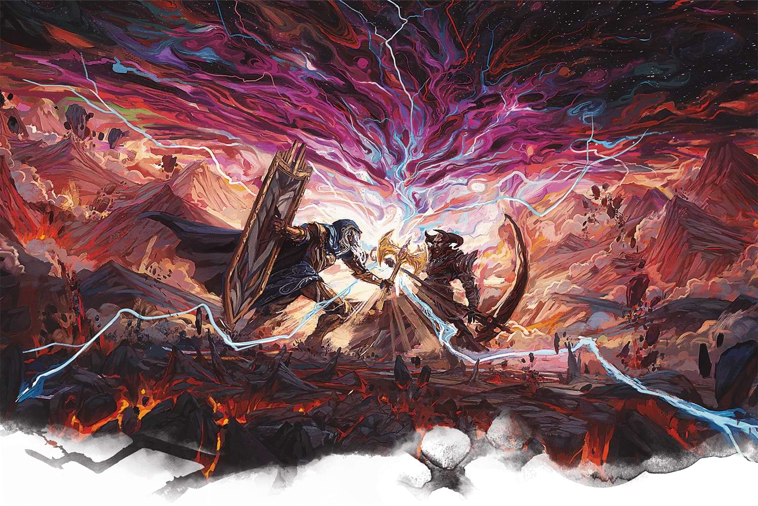 Two armored gods fighting on a barren field