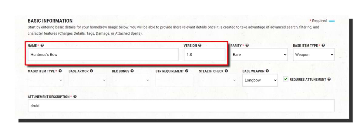 Create homebrew magic item - basic information