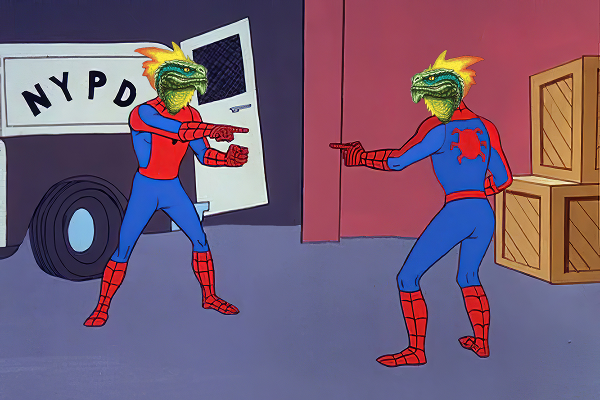 Two lizardfolk stand pointing at each other in the spiderman meme