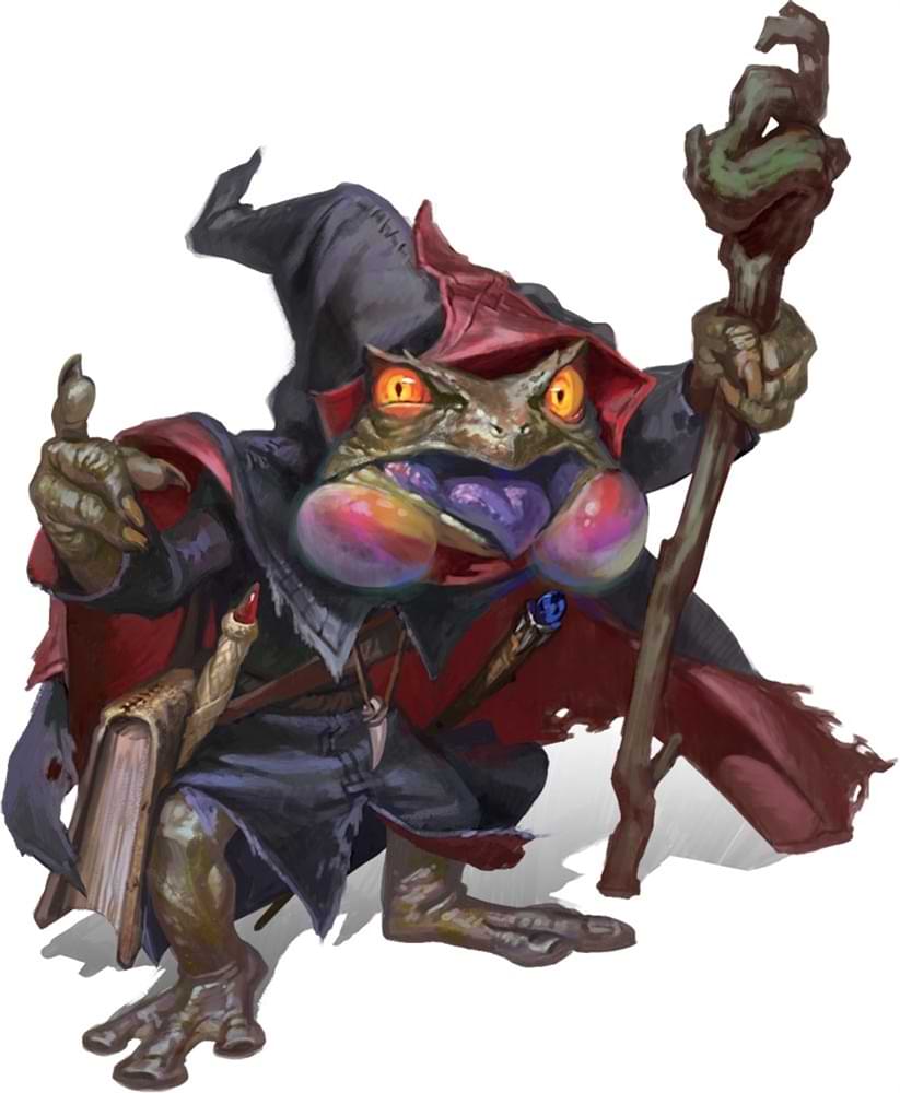 An angry bullywug in wizard robes points menacingly