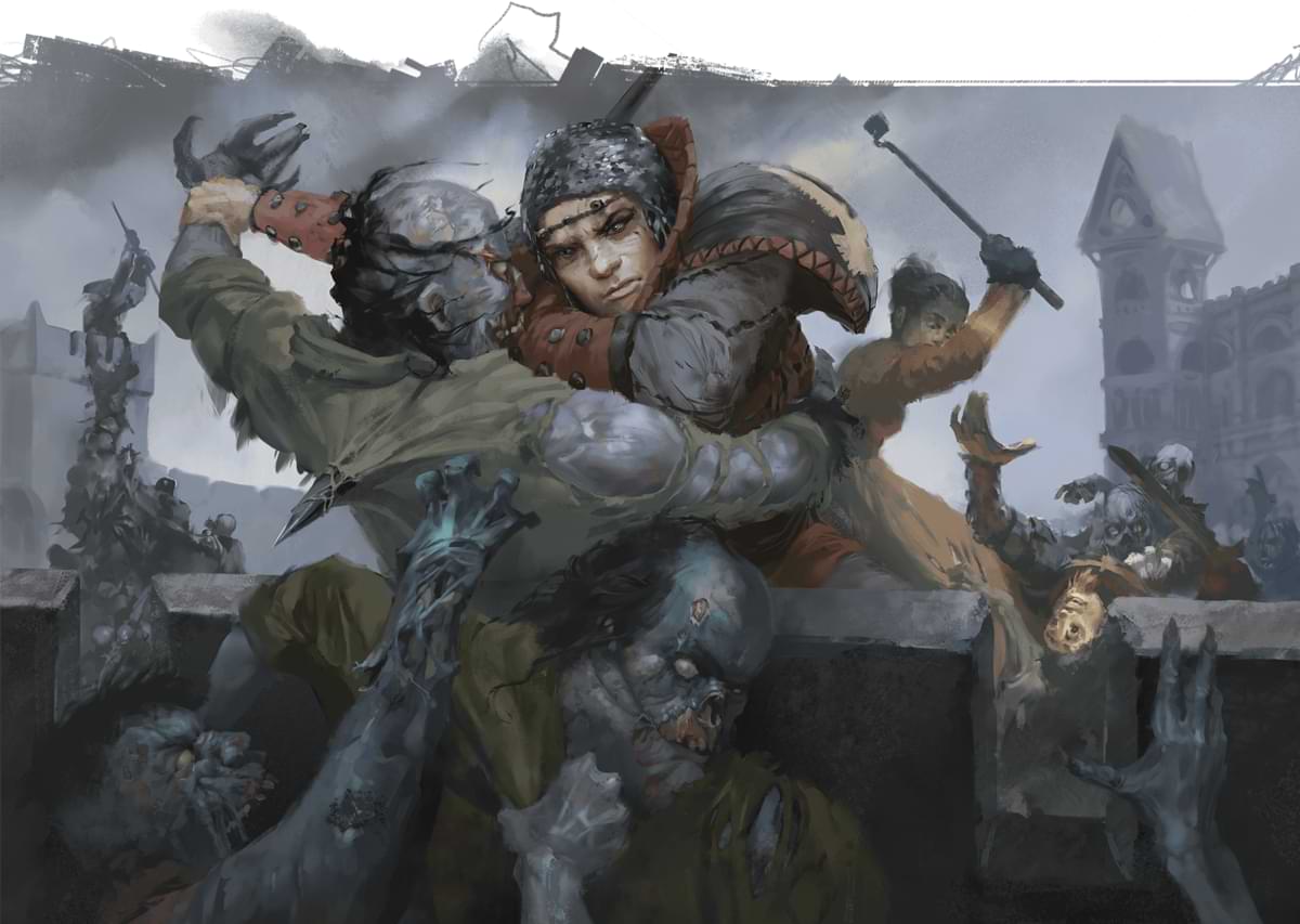 Armored soldier stabbing a zombie