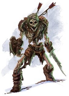 A skeleton wearing armor and and shield