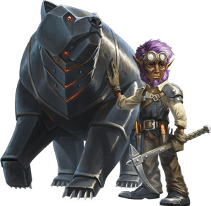 A gnome artificer and his Iron Defender companion