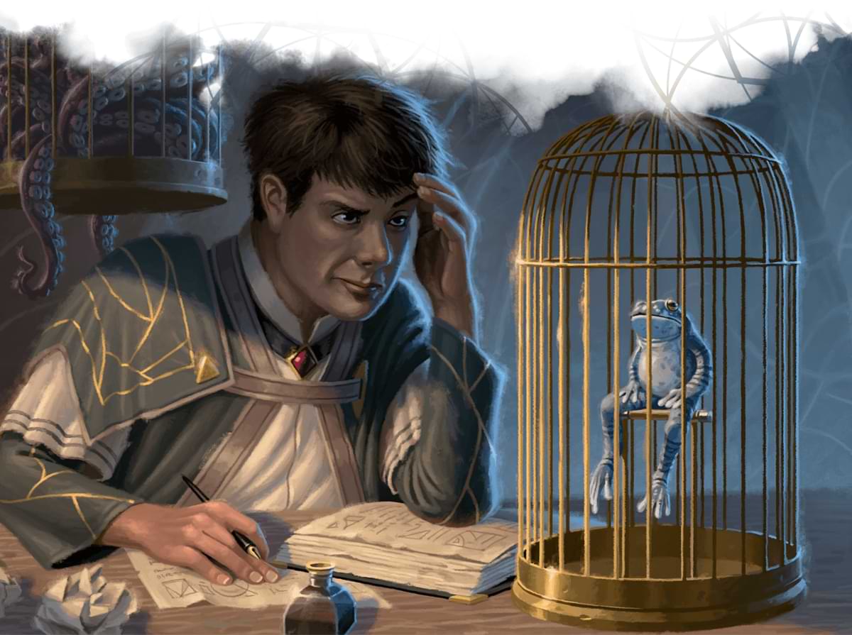 Magic student in a library looking at a frog in a cage