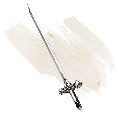 Silver sword with a blue amulet in the hilt