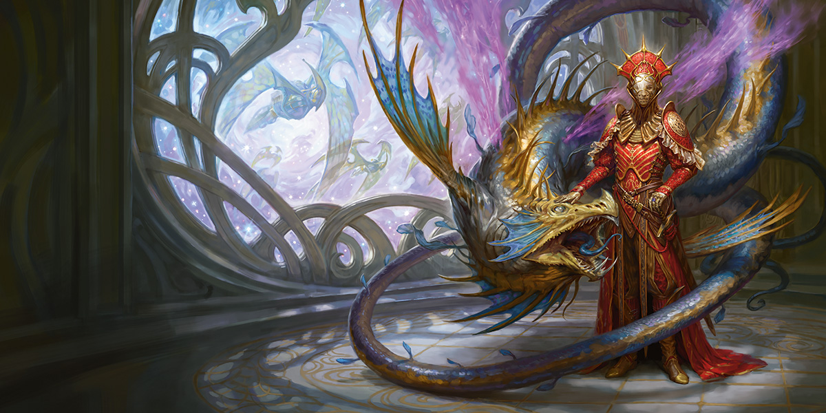 An astral elf noble poses with their solar dragon 