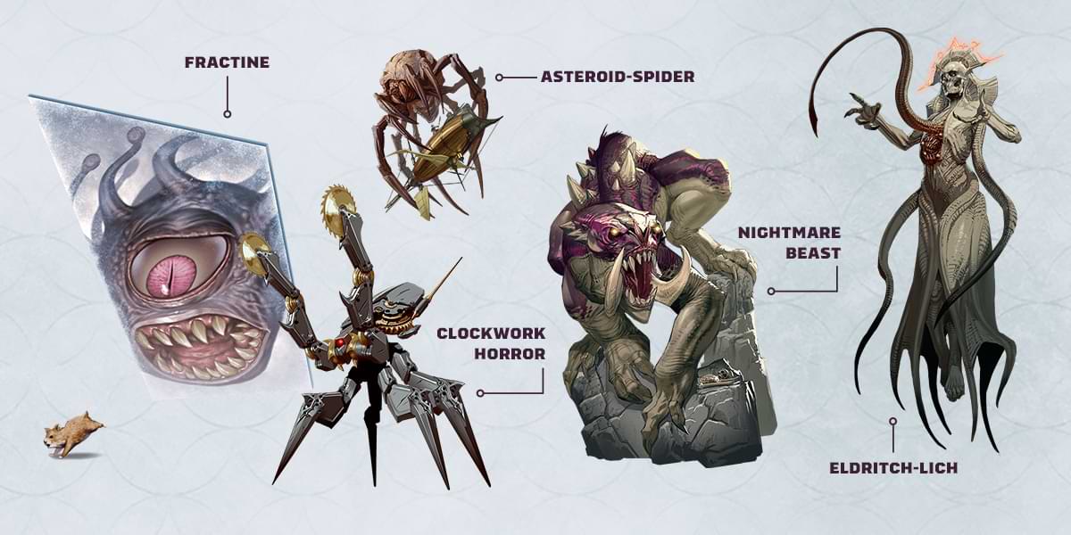 An image showing a fractine, clockwork horror, eldritch lich, asteroid spider, and nightmare beast