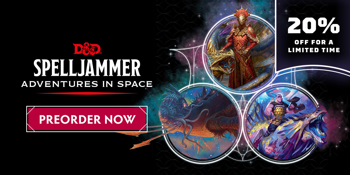 A spelljamming vessel, an astral elf, and minsc and boo pose atop a starry backdrop. Image text reads 'Spelljammer: Adventures in Space 20% off for a limited time. Order now'