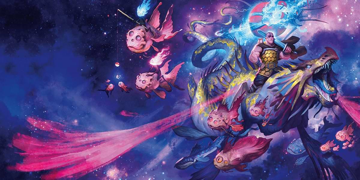 Minsc and Boo ride a solar dragon in the colorful cosmos of Wildspace