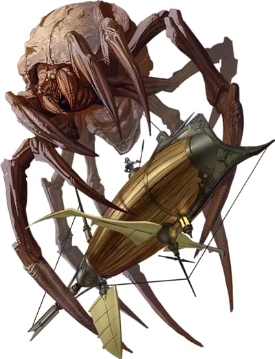 Large asteroid-shaped spider grabbing a spelljammer ship