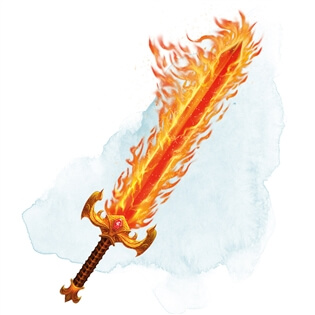 A sword with a flaming blade and golden hilt
