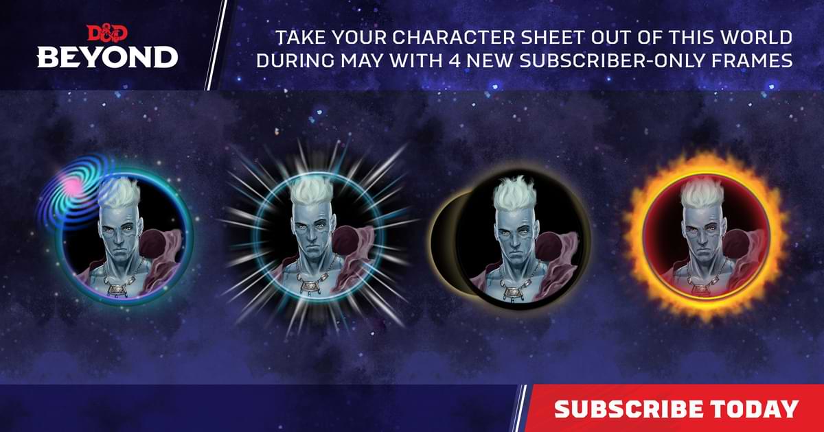 Four portraits of a man with different space-themed frames. Text reads, "Take your character sheet out of this world during May with 4 new subscriber-only frames"
