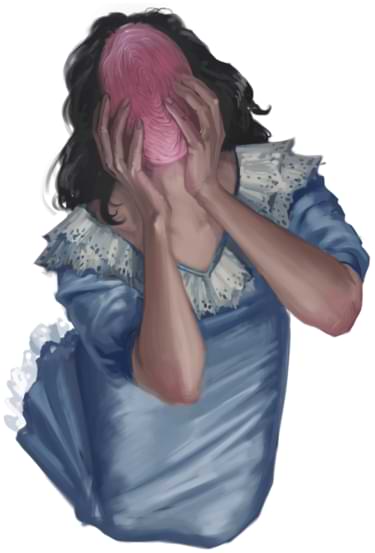 A person in a dress and without a face grasps at their head