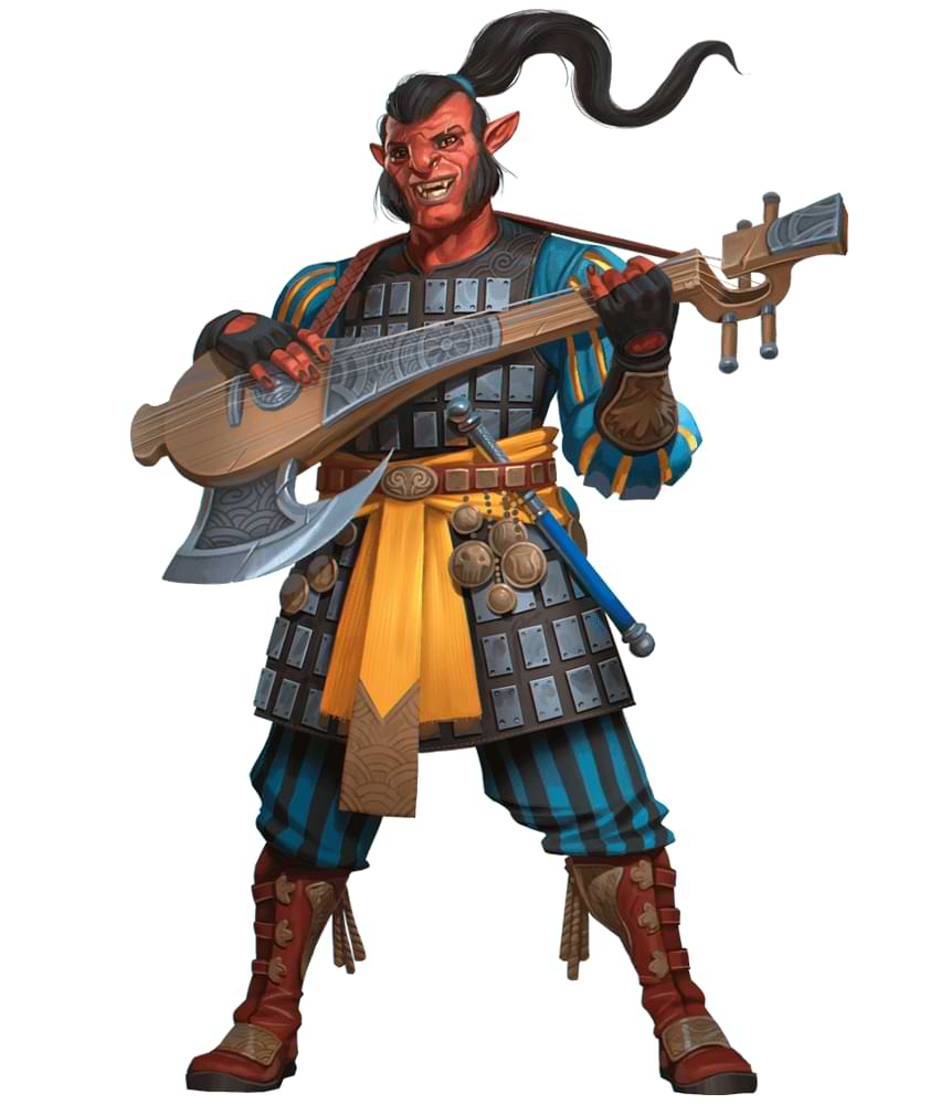 A hobgoblin holding a lute and grinning