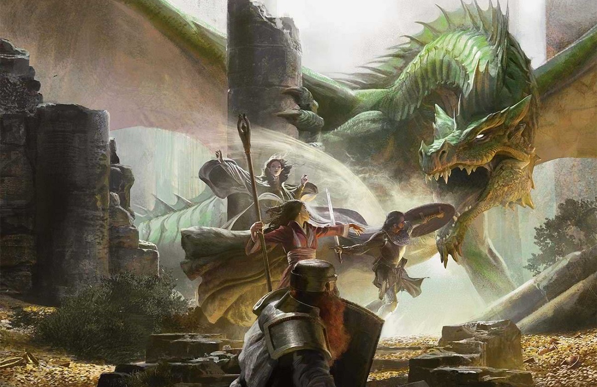 Green dragon attacking adventurers in ruins