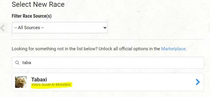Character builder tool showing tabaxi race from Volo's Guide to Monsters