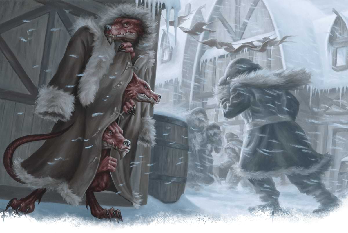 Three red kobolds in a fur jacket in the winter