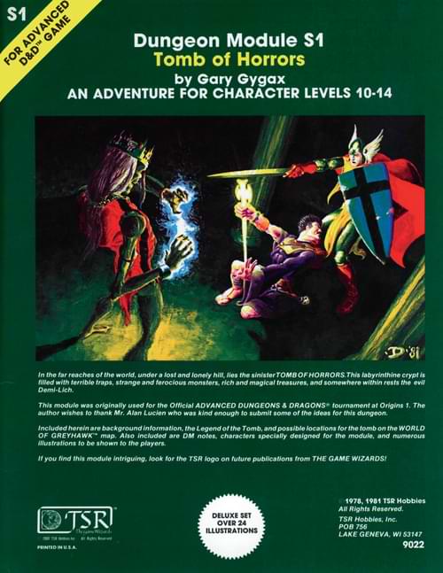 Capa de aventura para Tomb of Horrors retratando duas aventuras lutando contra um monstro esquelético