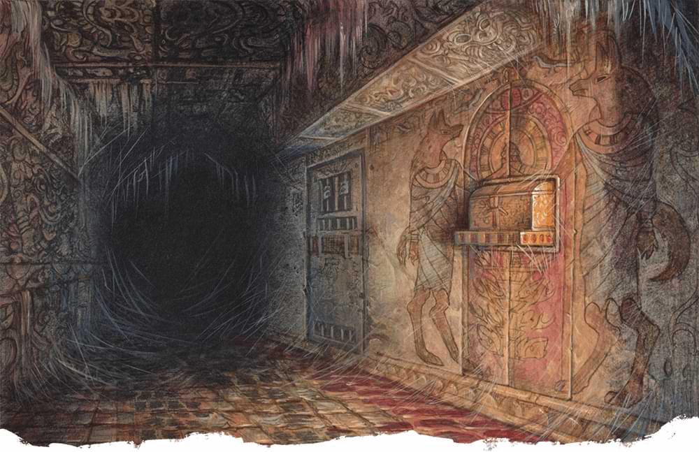Um túnel escuro e cheio de teias de aranha com obras de arte desbotadas e um baú de tesouro saindo da parede.
